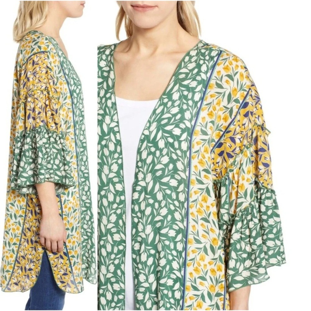 Democracy Colorful Tulip Print Kimono Cardigan Open Front Ruffle Bell Sleeve S/M - Picture 2 of 8